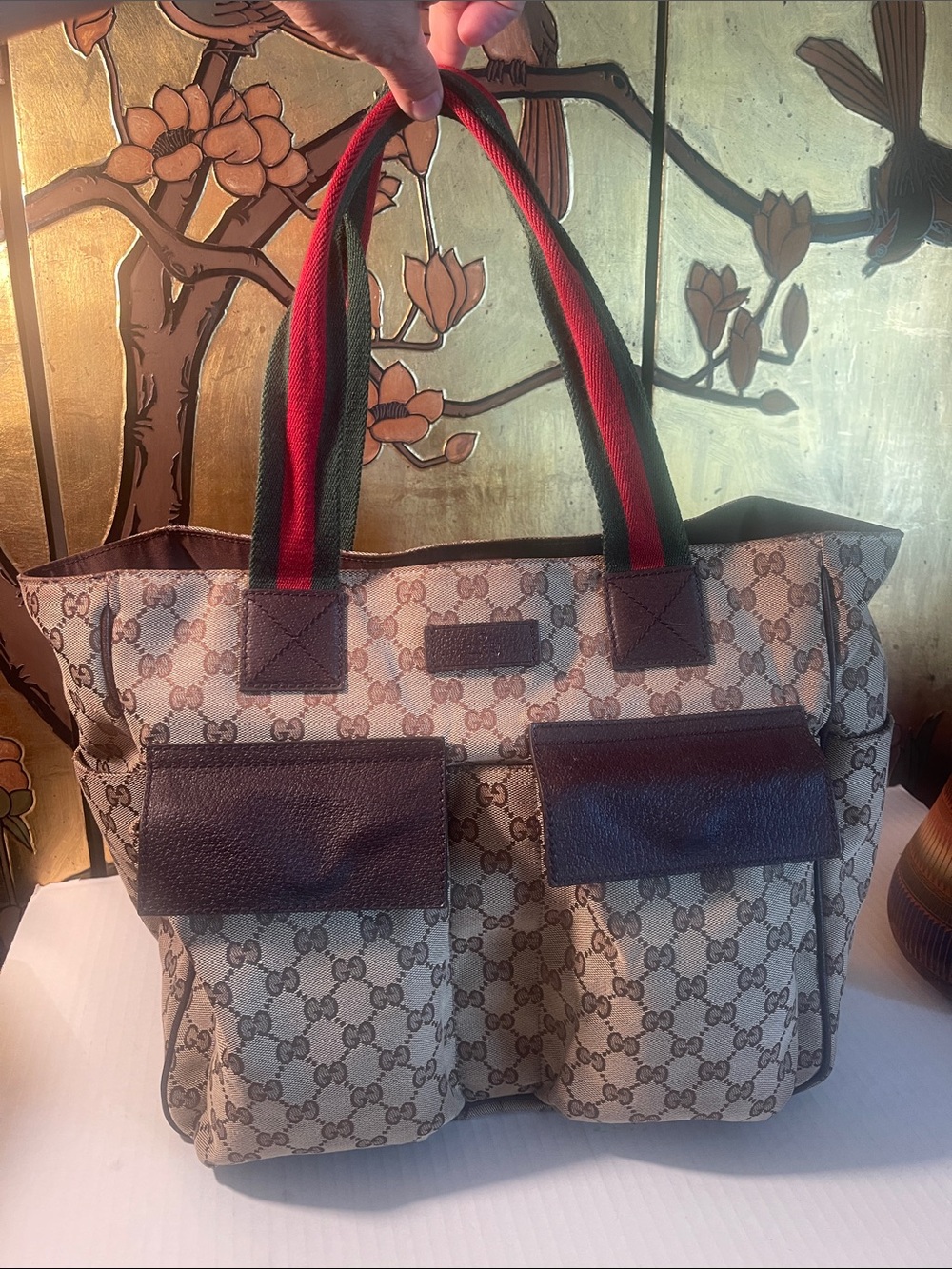 Gucci Beige GG Canvas Tote with Brown Leather Trim and Red-Green Web Handles